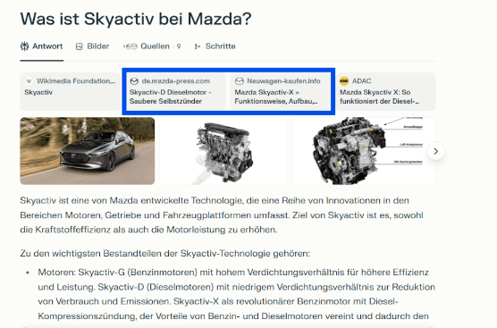 Screenshot aus Perplexity zu Mazda Skyactiv