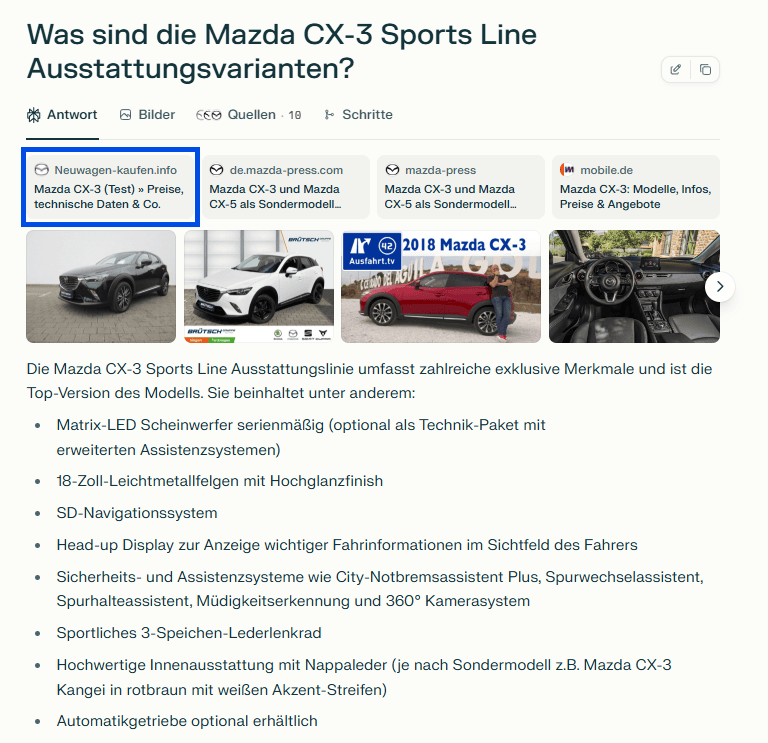 Screenshot aus Perplexity zu Mazda Sportsline