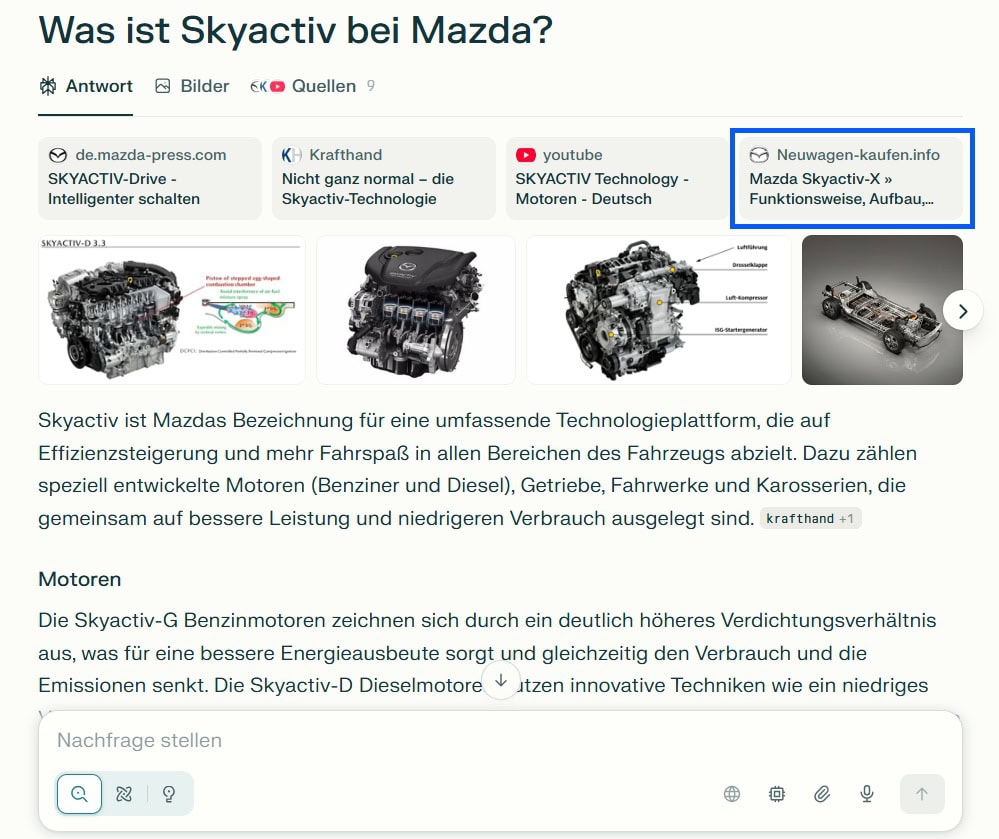 Screenshot einer KI-Antwort mit der Überschrift „Was ist Skyactiv bei Mazda?“. Der Text erklärt die Skyactiv-Technologie von Mazda, inklusive Motoren, Getriebe und Effizienzmerkmalen. Gezeigt werden Motorabbildungen sowie Quellen wie ADAC, Mazda Press und Neuwagen-kaufen.info.