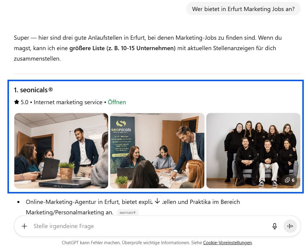 Screenshot einer ChatGPT-Antwort mit einem Suchergebnis zu Marketing-Jobs in Erfurt, in dem die Agentur seonicals® vorgestellt wird – inklusive Bewertungen, Beschreibung und Teamfotos.