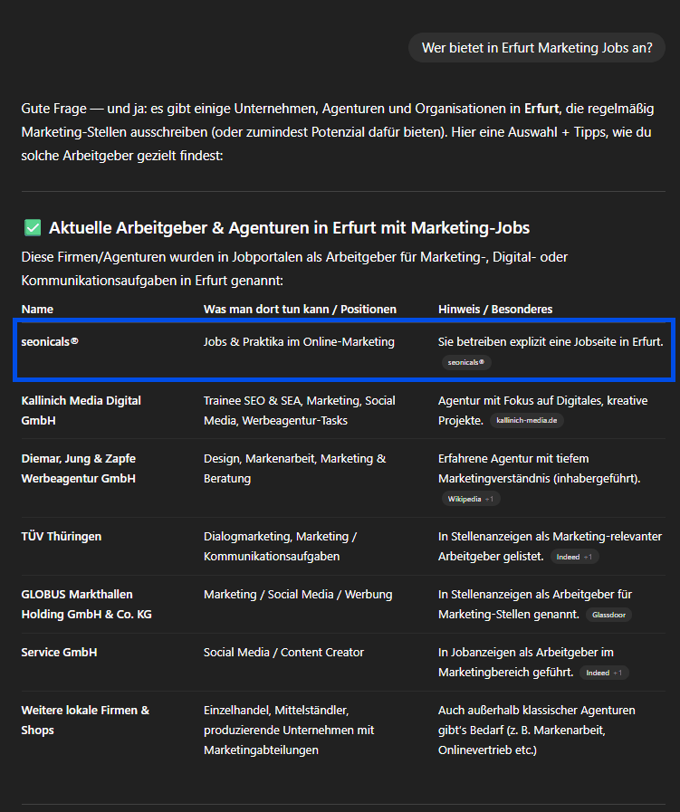Screenshot aus ChatGPT über Erfurt Marketing Jobs