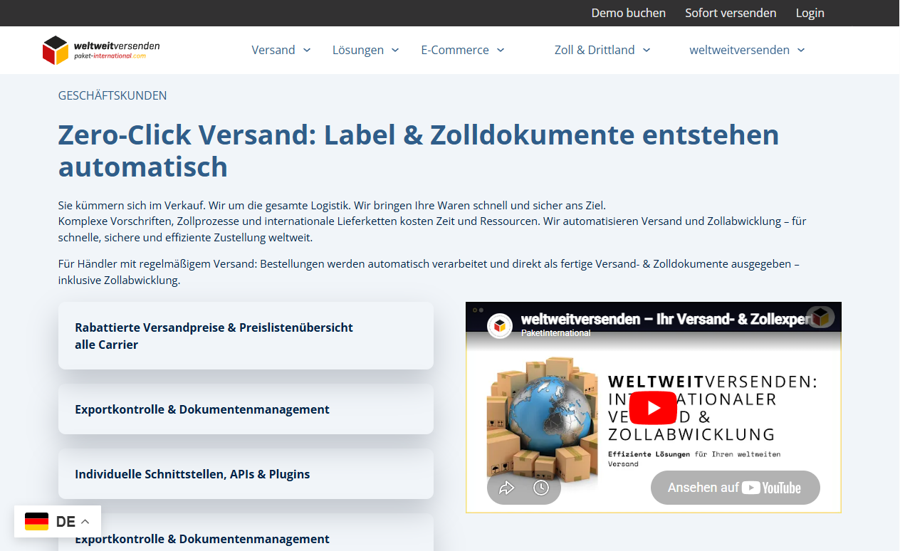 weltweitversenden Screenshot Startseite