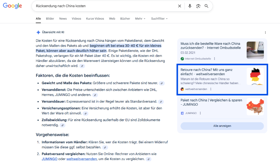 Screenshot aus AI Overviews zu Rücksendung nach China