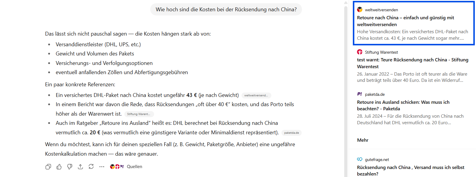 Screenshot aus ChatGPT zu Rücksendung nach China