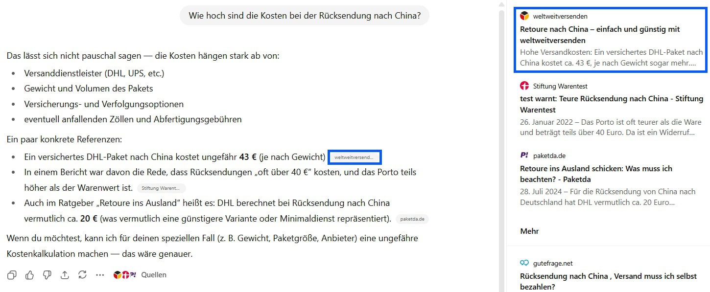 Screenshot einer ChatGPT-Antwort auf die Frage „Wie hoch sind die Kosten bei der Rücksendung nach China?“. Der Text nennt Kostenbeispiele von rund 43 € pro DHL-Paket und verweist auf Faktoren wie Gewicht, Versicherungsoptionen und Zollgebühren. Rechts sind Quellen von Stiftung Warentest, paketda.de und weltweitversenden eingeblendet.
