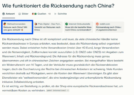 Screenshot aus Perplexity zu Rücksendung nach China
